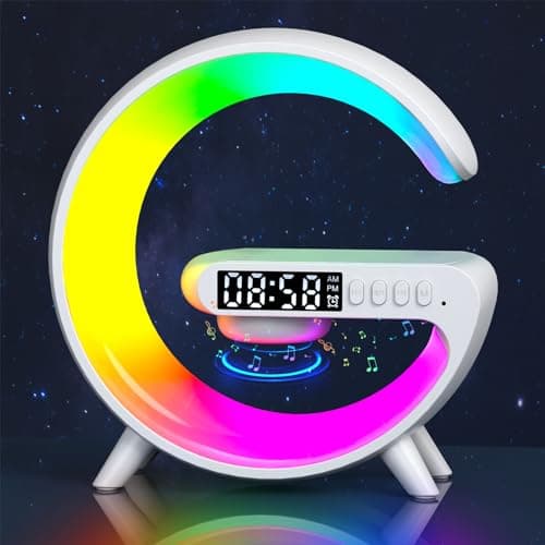 Les-Theresa G Light lampe à chargeur sans fil, lampe à chargeur sans fil avec haut-parleur Bluetooth, lampe de chevet avec chargeur sans fil, lampe d'ambiance G avec réveil (blanc)