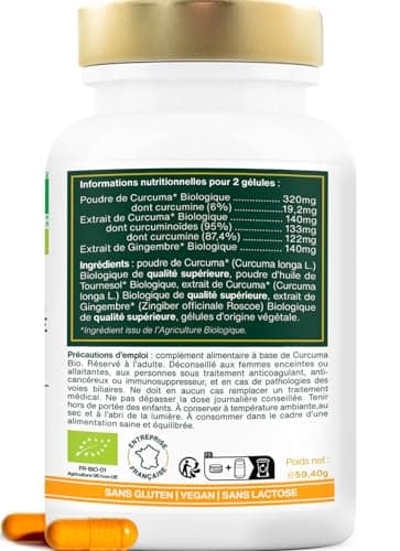 Curcuma BIO Haute Concentration | Avec Gingembre Bio | Curcumine Haute Absorption | Sans Pipérine | Articulations | 120 Gélules | Qualité Supérieure