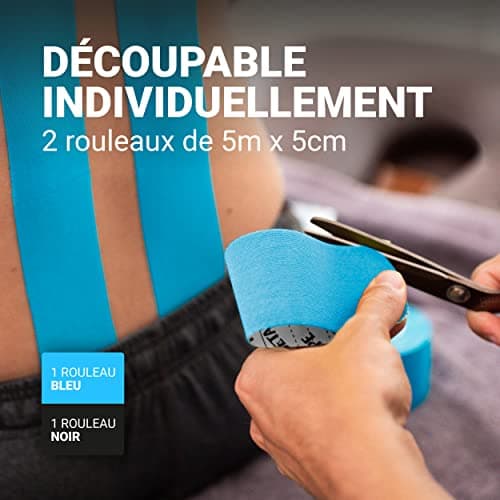 TRUETAPE® - Bandes de Kinésiologie en diverses coleurs | Rouleau de 5m x 5cm | Kinesio Tape imperméable et élastique pour le sport | Kinesiology Tape | Bleu & Noir