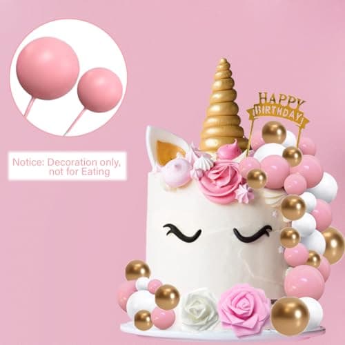 Lot de 48 boules de décoration de gâteau, Happy Birthday décoration de gâteau pour Anniversaires, Boules en mousse rose blanc et doré pour Fête d'anniversaire pour Shower de bébé Mariage