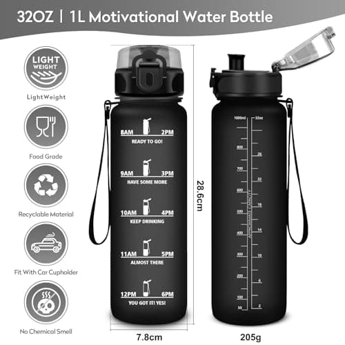 KollyKolla Gourde 1L Sport, Gourde Sport, Bouteille d'eau 1 Litre avec Marqueur de Temps et Filtre, Étanche, sans BPA, Water Bottle pour Enfant, l'école, Cyclisme, Fitness, Yoga, Bureau, Gym