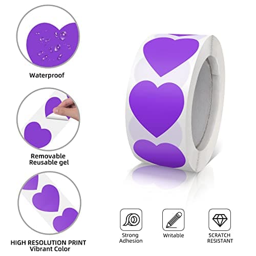 Lot de 500 autocollants en forme de cœur violet - 25 mm - Petit code couleur - Pour mariage, scrapbooking, cadeaux