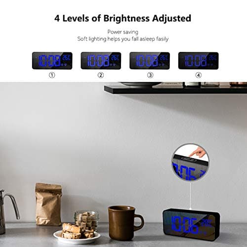 HOMVILLA Réveil Numérique avec Grand Affichage de la Température LED, Alarme de Miroir Portable avec Double Alarme Roupillon Temps Gradateur de Luminosité Réglable sur 4 Niveaux (Noir-1)