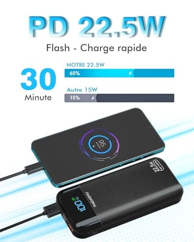 Power Bank 27,000mAh Recharge Rapide Batterie Externe 3A USB C Chargeur Portable avec écran LCD, 3 Sorties et 2 entrées Compatible avec téléphone, tablettes