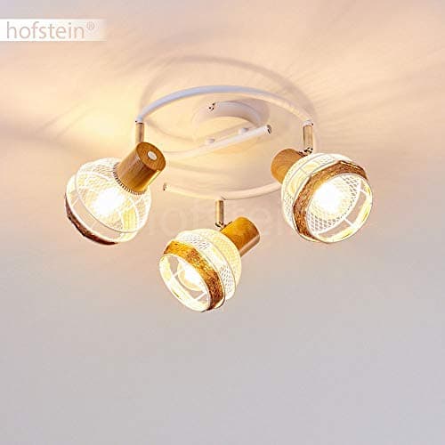Plafonnier Bariloche en bois, raffia & métal blanc, 3 spots de plafond pivotants créant un effet lumineux au plafond par les abat-jours grillagés, pour 3 ampoules E27, ampoule(s) non incluse(s)