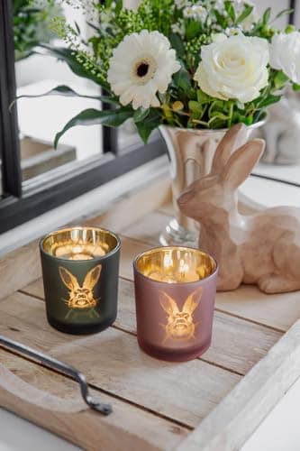 EDZARD Photophore en verre - Motif lapin de Pâques - Extérieur rose/intérieur doré - Design lapin - Décoration de Pâques - Printemps - Hauteur : 8 cm - Diamètre : 7 cm