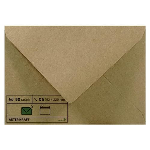 Netuno 50 enveloppes Kraft C5 162 x 229 mm 100g Aster Kraft rabat pointu enveloppes en papier Kraft enveloppes grandes papier écologique enveloppes recyclées pour cartes de vœux cartes de remerciement