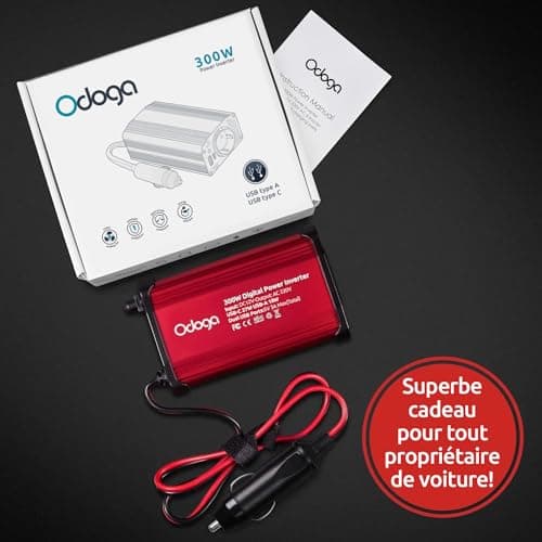 Odoga Convertisseur 12V 220V Voiture – Transformateur 300 W, Onduleur, 3A Port USB-C et USB-A, Convertisseur de Tension, Recharger Votre Ordinateur Portable, Ipad, Iphone et Plus