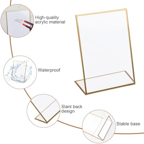 3 Pièces Incliné Présentoir de Table en Acrylique avec Bordure Dorée, Porte Affiche Menu en L, Transparent Présentoir Publicitaire de Table, 5x7 Pouces Supports de Panneau pour Cadres Photo Menus