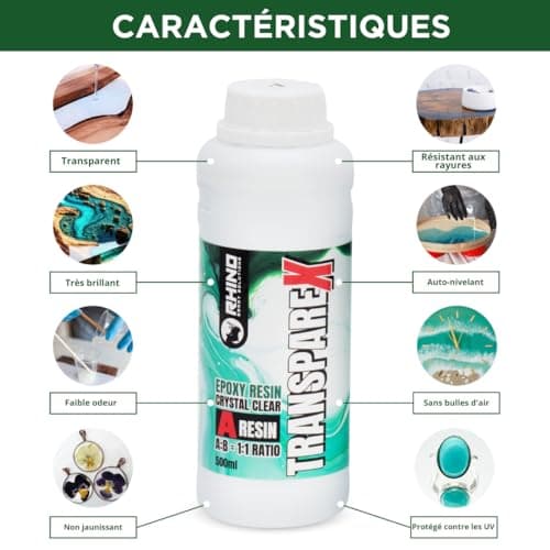 Resine Epoxy Transparente Kit RHINO Smart Solutions 1:1 TRANSPAREX 1000ml Résine Transparent pour Artisanat, Créations Artistiques, Modélisme, River Table, Revêvement, Modelage et Bijoux