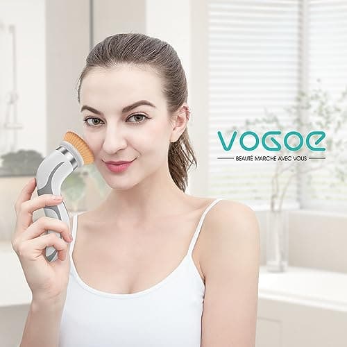 VOGOE Brosse Nettoyante Visage Electrique, Rechargeable Brosses Visage Rotative, Etanche IPX6, Nettoyange Brosse 2 Vitesses avec 2 Têtes Brossantes pour Exfoliation Douce FB210 (Gris)