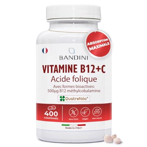 Bandini® Vitamine B12 + Acide folique 400 comprimés vegan (+ 1 An) | Formes bioactives biodisponibles: 500μg de b12 méthylcobalamine, 200μg de folate Quatrefolic ®, 80mg de Vit C | Absorption du fer