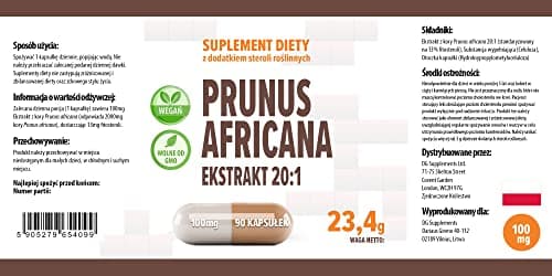Pygeum Africanum 20000mg Equivalent (100mg d'extrait 20:1) 90 Capsules végétaliennes, Haute résistance, standardisé à 13% de phytostérols, High Strength, Sans Gluten, Sans OGM