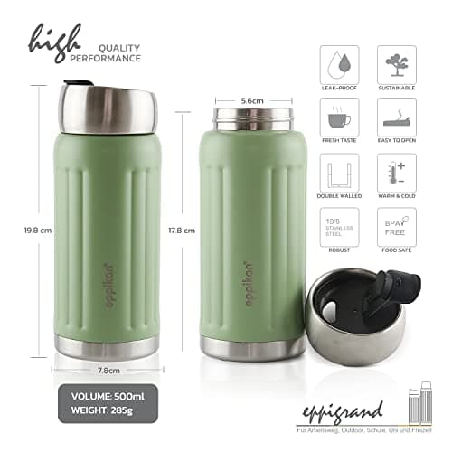 eppikan eppiGrand Gourde Isotherme 500ml - Bouteille Isotherme inox, étanche, sans BPA, avec couvercle Click & Go (Moss Green, 500 ml)