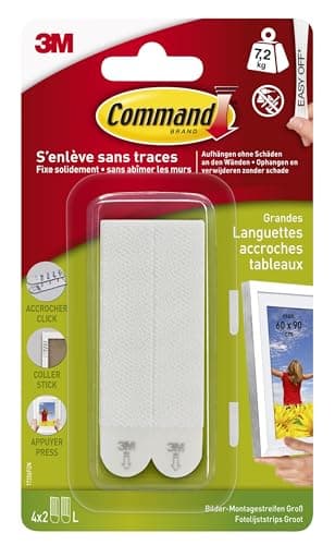 Command Languettes Accroches Tableaux Moyen Modèle, 4 x 2 Languettes, 7,2 kg, Blanc - Fixation sans Dommage