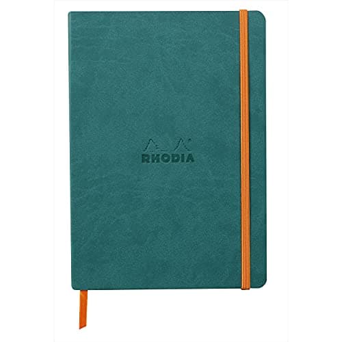 RHODIA 117442C - Carnet Souple Paon - A5 14,8 x 21 cm - Pointillés Dot - 160 pages - Papier Clairefontaine Ivoire 90 g/m2 - Marque-Page, Fermeture Élastique - Simili Cuir - Collection Rhodiarama