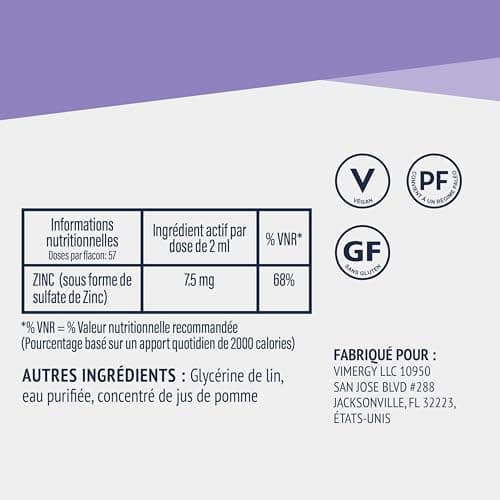 Vimergy Zinc Liquide 115 ml – 57 Portions – Complément de Zinc Liquide – Bon pour le Métabolisme et les Os – Antioxydant – Sans Sucre Raffiné – Sans Gluten, Sans OGM, Végan, Paléo-Amical