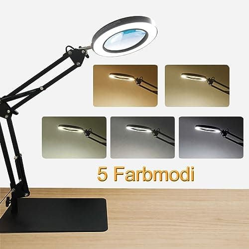 Loupe avec lumière, Lampe de bureau Led 10X avec pince et base 5 modes de couleur 10 niveaux de gradation Lampe à pince pour seniors Aide à la lecture Lampe de travail bricolagenn Loupe de lecture