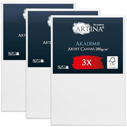 Artina Set de 3 Canvas Toile Peinture 40x60 cm – Tableau Peinture Châssis Entoilés en Bois FSC© – Tableau Toile a Peindre Blanche 100% Coton 280g/m2 – Toiles à Peindre Stable Toile Blanche Akademie
