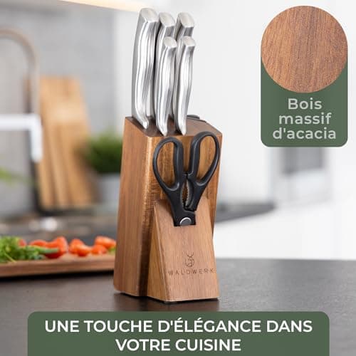 WALDWERK Couteau Cuisine - 7 Couteaux de Cuisine avec Bloc de Rangement et Aiguiseur Intégré - Bloc Couteaux Cuisine - Set Couteaux de Cuisine avec Support - Couteaux et Ustensiles de Cuisine