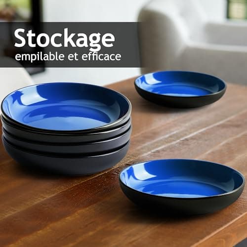 MIAMIO – 890 ml Kit de 6 bols à pâtes/bols à salade, assiettes à pâtes bols larges et peu profonds, grande assiette creuse en grès céramique pour servir la soupe, va au (Bleu)