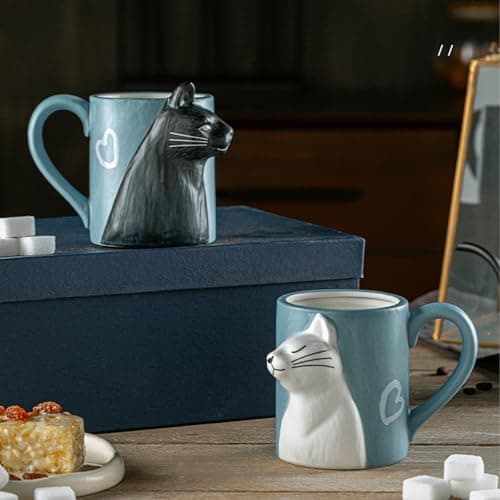 Liemuao Cadeaux Couple Tasse à Café en Céramique, 3D Tasse de Chat, Coffee Mugs Cadeau de Mariage pour mariée et Le marié, Mug Café & Thé Cadeaux Saint Valentin, d'anniversaire de Couples (A)