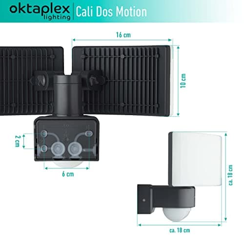 Oktaplex Lighting Spot LED avec détecteur de mouvement extérieur Cali Dos Motion - IP65 - Deux têtes 40 W 3000 K - Blanc chaud - Projecteur extérieur anthracite avec fonction maître