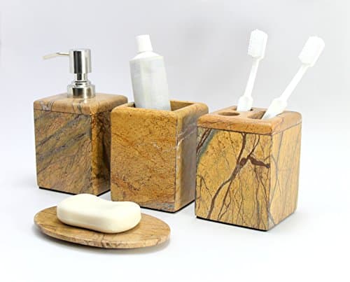 KLEO Set de Bain 4 pièces | Comprend Un Distributeur de Savon Liquide, Un Porte-Brosse à Dents, Un Porte-Dentifrice, Un Porte-Savon - en Pierre Naturelle