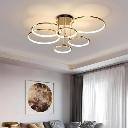 YYUTLUO Plafonnier LED, Ø105cm lustre Cercle En Métal Doré, 145W Dimmable En Continu 3000-6000K, Pendentif Galvanoplastie Rond Moderne, Chambre Salon Enfants Bureau Étude Cuisine Couloir (6 Anneaux)