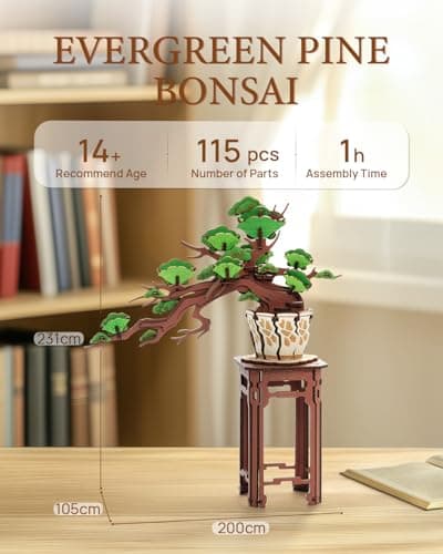Rolife Evergreen Pine Bonsai 3D Puzzle Buchstützen aus Holz Modellbausätze Erwachsene 3D Holzpuzzle Basteln für Spielzeug DIY Kit für Kinder (Elegant Evergreen Pine Bonsai)