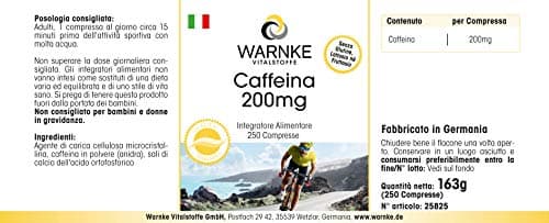Caféine Comprimés 200mg - Haute Dose - Vegan - 250 Pièces | Warnke Vitalstoffe - Qualité des pharmacies allemandes
