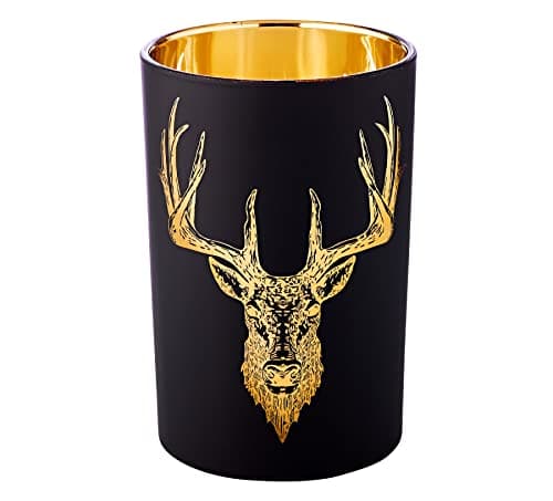 EDZARD Photophore en verre, pour bougie, chauffe-plat, motif de cerf, extérieur en noir et intérieur doré, hauteur : 18 cm, diamètre : 11,5 cm