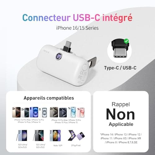 iWALK Mini Batterie Externe avec Support, USB-C Power Bank, Charge Rapide 20W, 5000mAh, Affichage LED, Compatible avec iPhone 16/16 Plus/16 Pro/16 Pro Max/15 et Samsung S24/S23