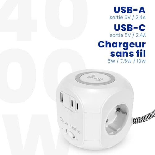 HOMEPROTEK Multiprise Cube - Chargeur Sans fil, Rallonge Multiprise USB avec 3 Prises, 1 USB-A, 2 Type C et Bloc de Charge, Station de Charge Multiple avec Interrupteur pour Domicile et Bureau (Blanc)