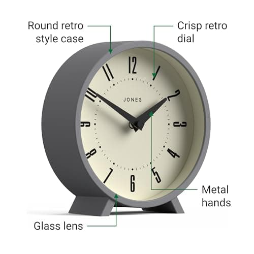 JONES CLOCKS Horloge de Bureau Venus' - Design Rond Moderne en Gris, Look rétro élégant pour étagère, Table, cheminée ou Chevet