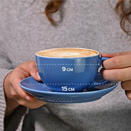 Cosumy 6 Tasses à Cappuccino avec Soucoupes - Céramique Colorée - 180ml - Avec Boîte Cadeau - Maintient le Cafe Chaud