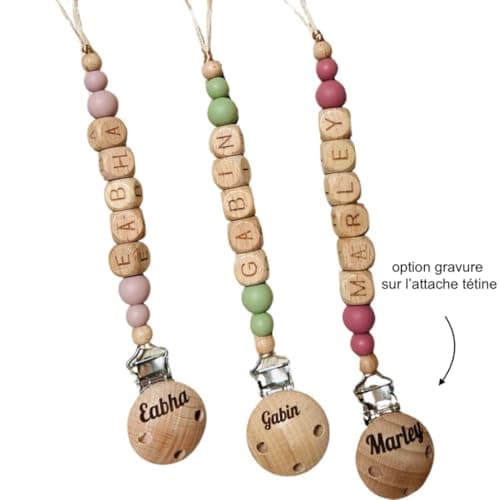 attache tétine personnalisé prénom mot au choix - boules en silicone - bois naturel crochet - pour bébé fille garçon - 13 couleurs au choix - sucette- prénom lettre ou gravure prénom