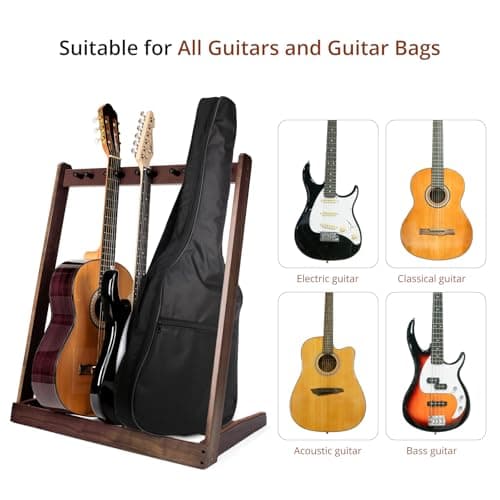 Support de guitare pour plusieurs guitares, support de guitare en bois, avec fente pour médiator, pour 5 guitares acoustiques, 5 guitares électriques ou 5 basses, ou 4 boîtes de guitares - Pour la