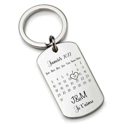 Porte clé personnalisé calendrier en inox miroir, cadeau de rencontre, date de naissance, d'anniversaire, Saint Valentin ou pour un couple