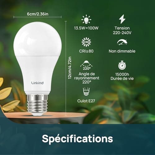 Linkind Ampoule LED E27 Blanc Chaud, 13W Equivalent 100W, 2700k Lumière Blanche Chaude 1521lm, Ampoule Standar A60 Gros Culot à Vis, No Dimmable, 220v-240v, Lot de 6