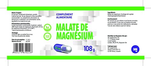 Malate de magnésium 2000mg par portion 180 Gélules Végétales, Testé par un Laboratoire tiers, sans gluten ni OGM