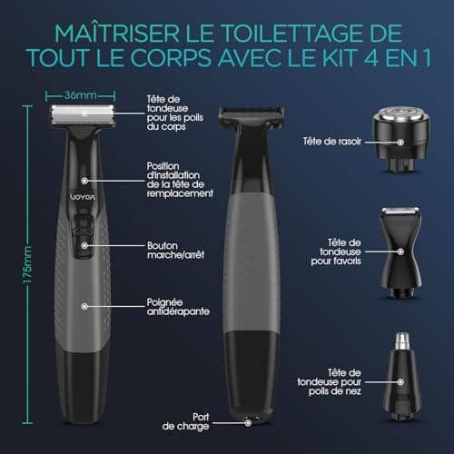 VOYOR Tondeuse Barbe Homme Tondeuse Cheveux de Précision Oreilles Nez corps Avec 11 Accessoires,4 Tout-En-Un Rasoir Electriques Hommes avec Lames Affûtées Rechargeable Humide sec Bleu/Gris TX510