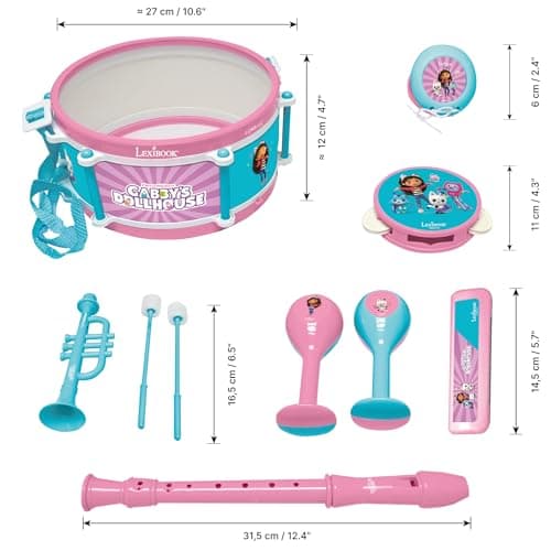 Lexibook, Gabby et la Maison Magique, Set de 7 instruments de musique (Tambour, Maracas, Castagnette, Harmonica, Flûte, Trompette, Tambourin), Jouet Musical, Pratique à transporter, Rose/bleu, K360GDH