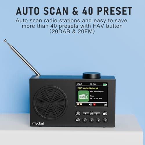 Mycket Radio Dab Portable, Radio Numérique Dab Plus avec Bluetooth, Radio FM Rechargeable, Radio de Cuisine, Double Réveil,Minuterie de Mise en Veille, 40 Stations Préréglées,Grand écran Couleur 2,4"