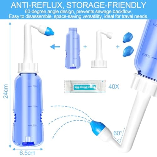 Rseuphiee Lavage Nez, 300ml Seringue Nasale Adulte, 40 Sachets de Sel Nasal, Irrigation Nasale, Douche Nasale pour Adulte, Kit de Douche Nasale avec Flacon, pour Adultes Enfants Nettoyage Quotidien.