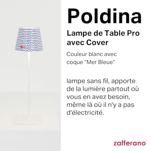 Zafferano, Lampe Poldina Pro avec Cover, Lampe de Table Rechargeable et Sans Fil avec Contrôle Tactile, Lampe d'Extérieur, Dimmer 2200-3000 K, Hauteur 38 cm, Couleur Blanc - Mer Bleue