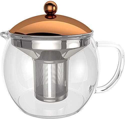 bonVIVO Théière avec Infuseur à Thé TEMPA avec Passoire en Inox Amovible, Théière pour Thé en Vrac, Theiere en Verre Borosilicaté Résistant à La Chaleur avec Couvercle en Cuivre, 1,5 Litre