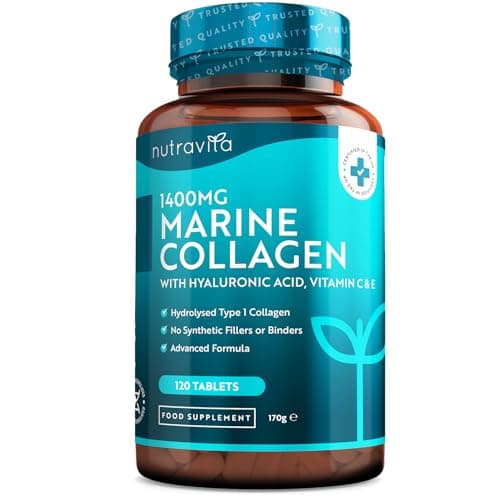 Collagene Marin + Acide Hyaluronique 1400mg avec Vitamine C Vitamine E Biotine Zinc et Cuivre - 120 Comprimés pour 2 Mois, Collagene et Acide Hyaluronique pour Hydratation de la Peau - Nutravita