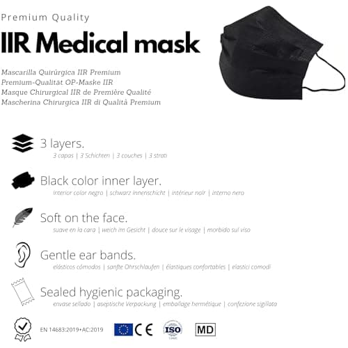 102 pcs Masque Chirurgical IIR usage Médical | Approuvé CE, 3 couches (BFE>99%), Protection Certifiée | Jetable - non Réutilisable, Confortable, taille Adulte, Couleur Noir