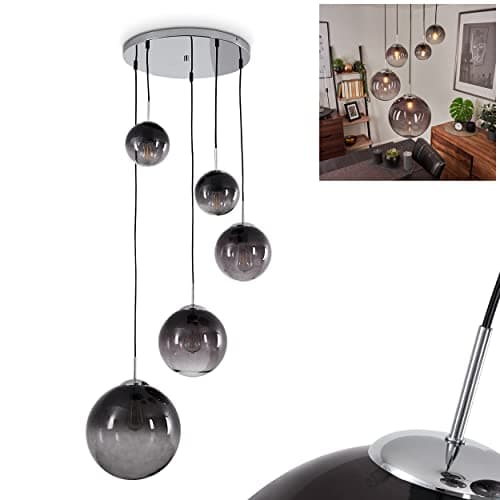 Suspension Degevos, plafonnier à 5 flammes en métal/verre chromé/fumé, suspension moderne avec boules en verre véritable, hauteur max. 120 cm, E27, sans ampoules